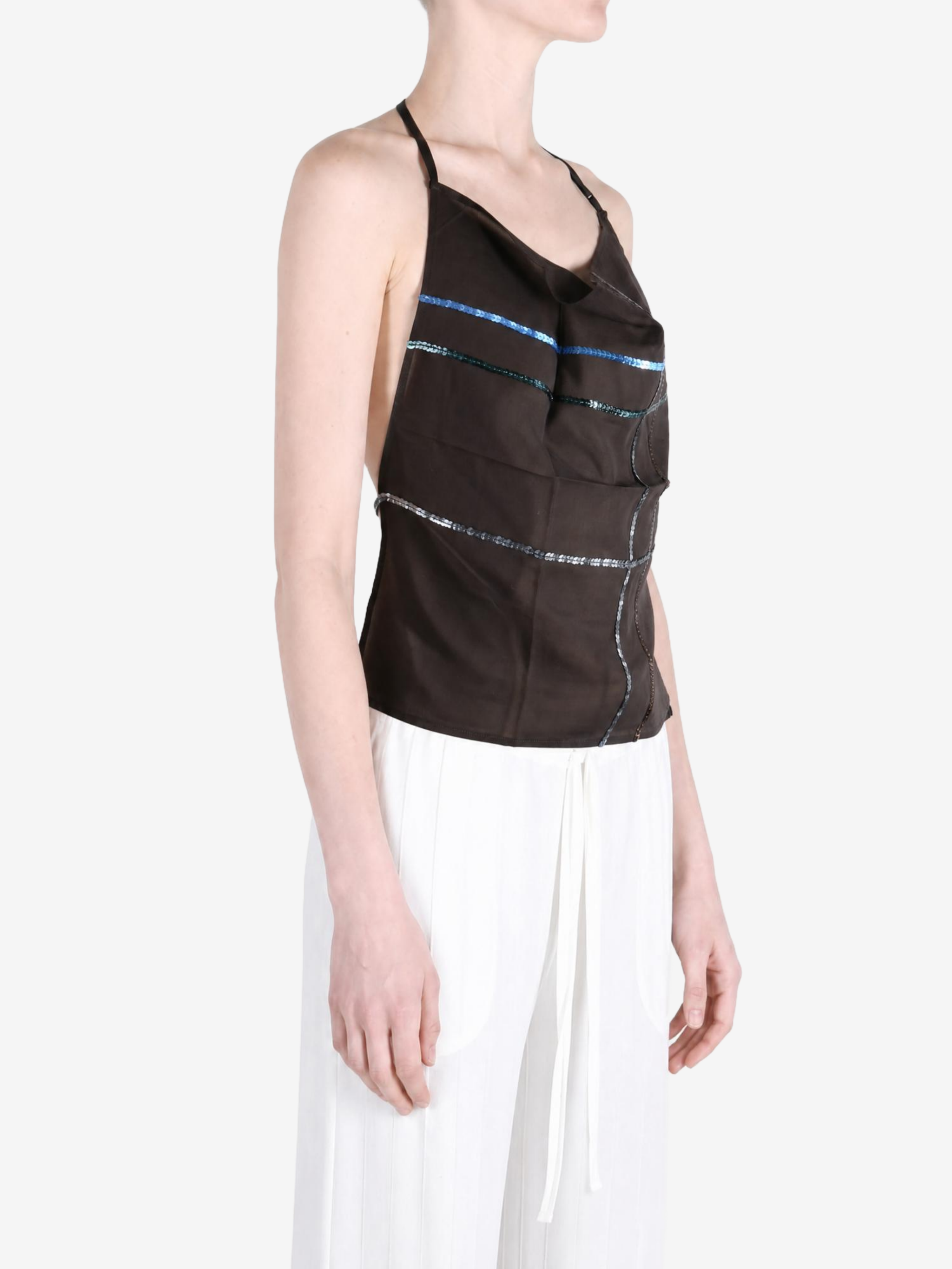 Brown top worn by a person, showing the top fit