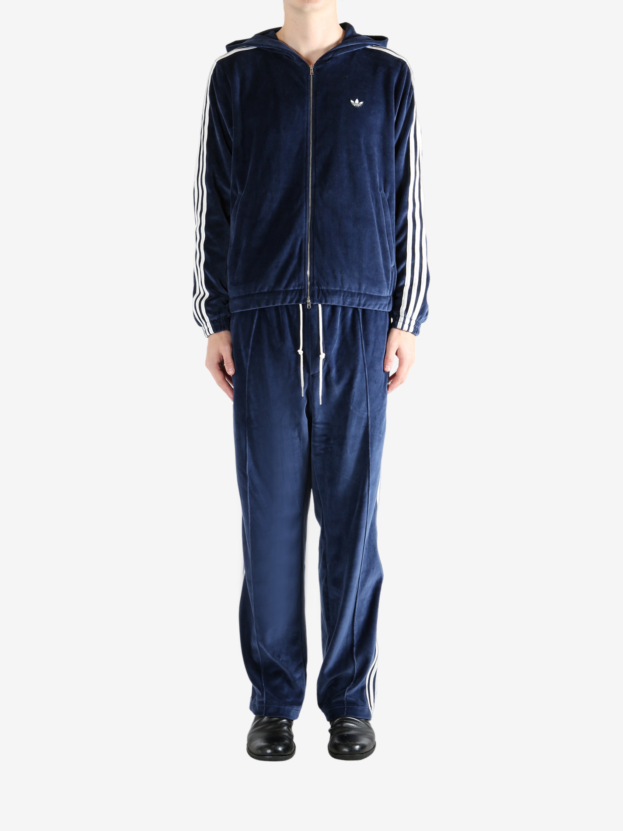 Navy hoodie, full body view