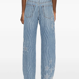 Blue pants worn by a person, showing the pants fit