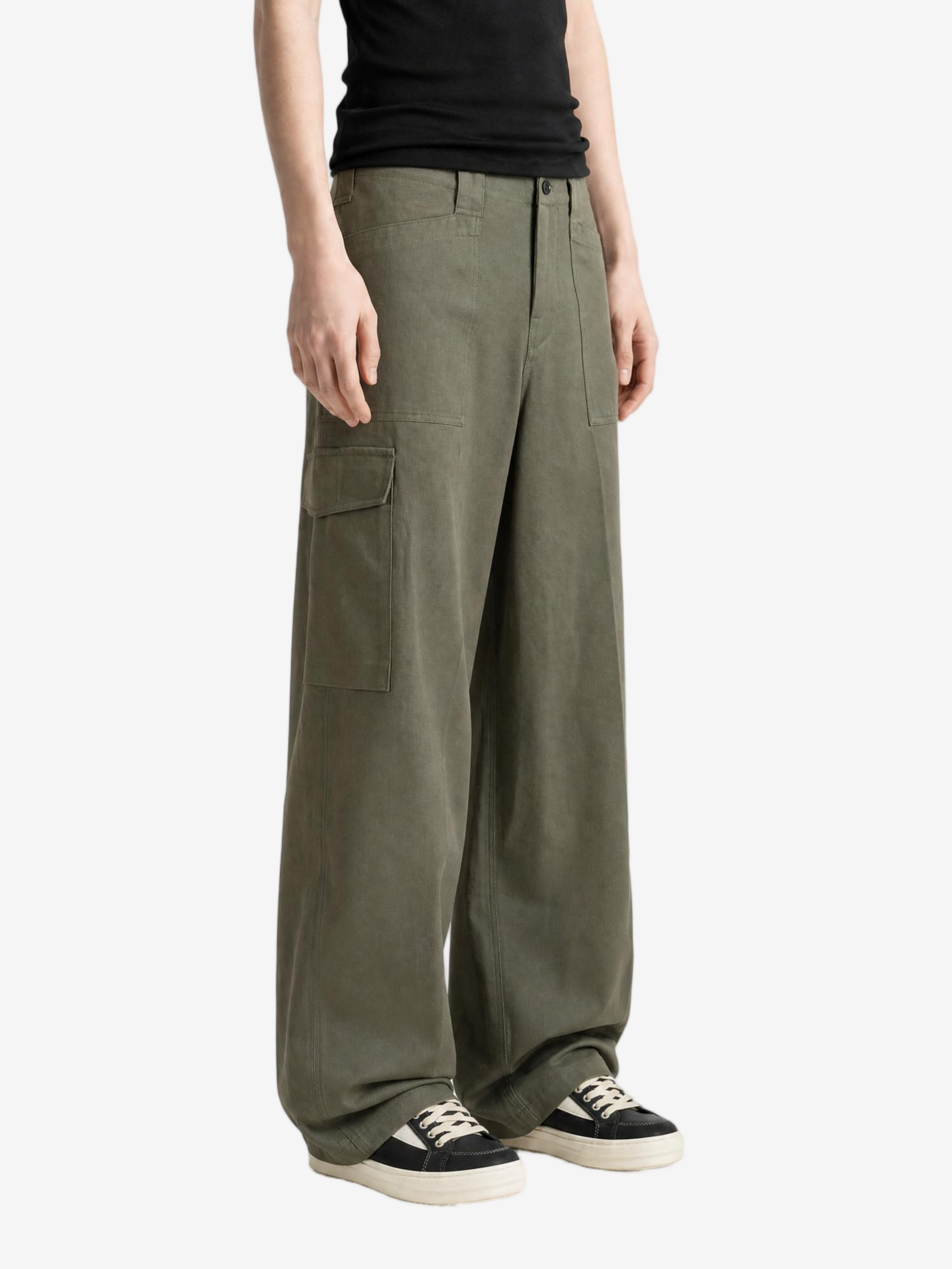 Green pants, full body view