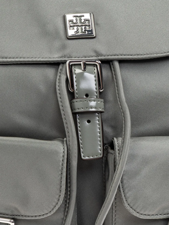 Close up of grey backpack, showing texture of the Polyamide fabric