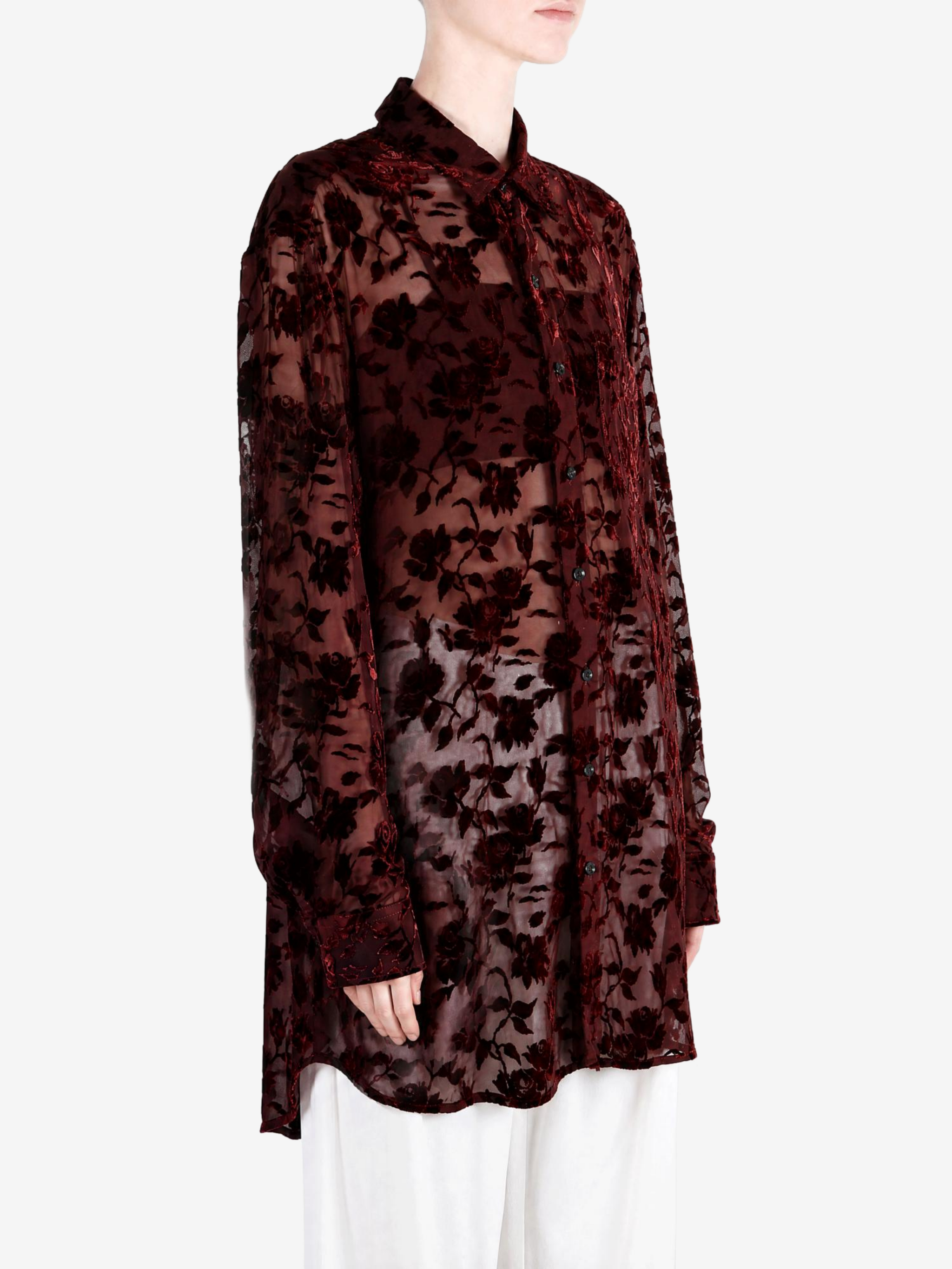 Burgundy shirt, full body view
