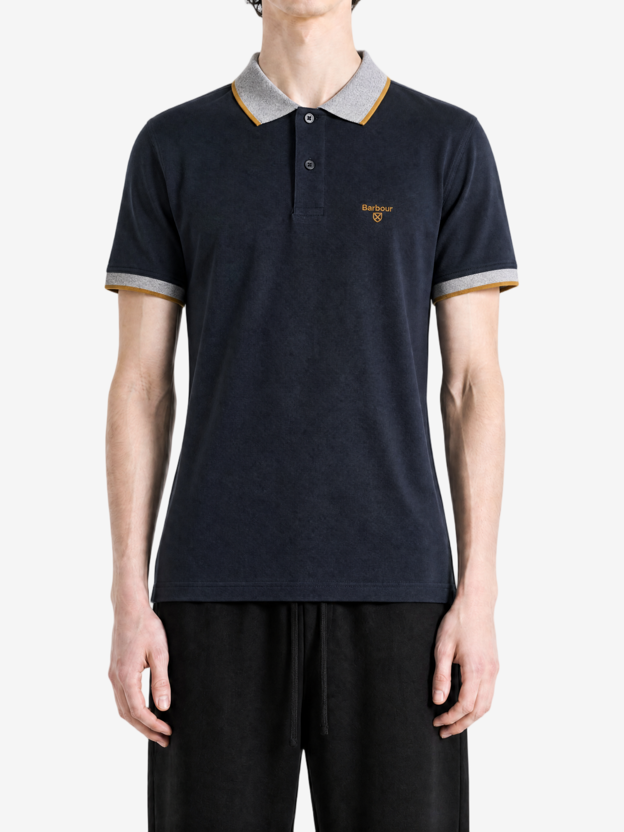 Navy shirt, full body view
