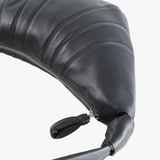 Close up of black bag, showing the texture of the leather