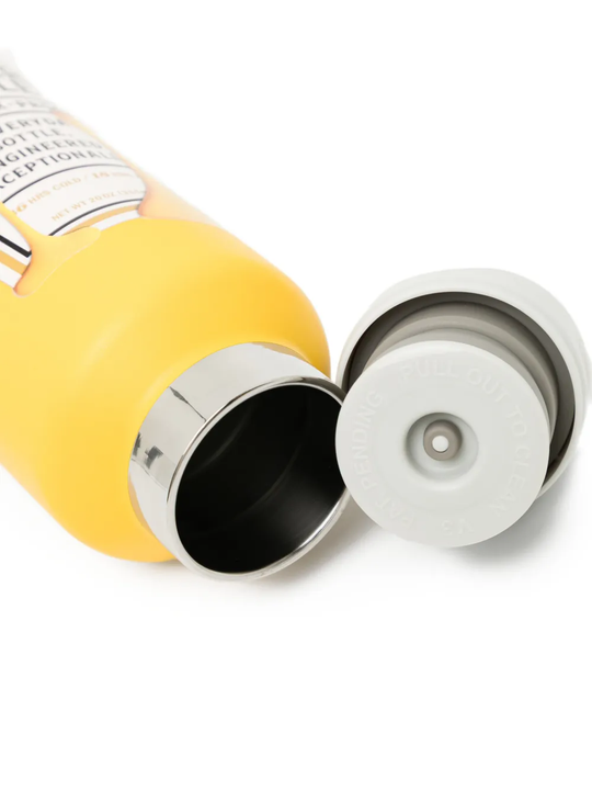 Close up of  Yellow Bottle ,showing texture of the Stainless Steel