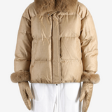 Tan jacket worn by a person, showing the jacket fit