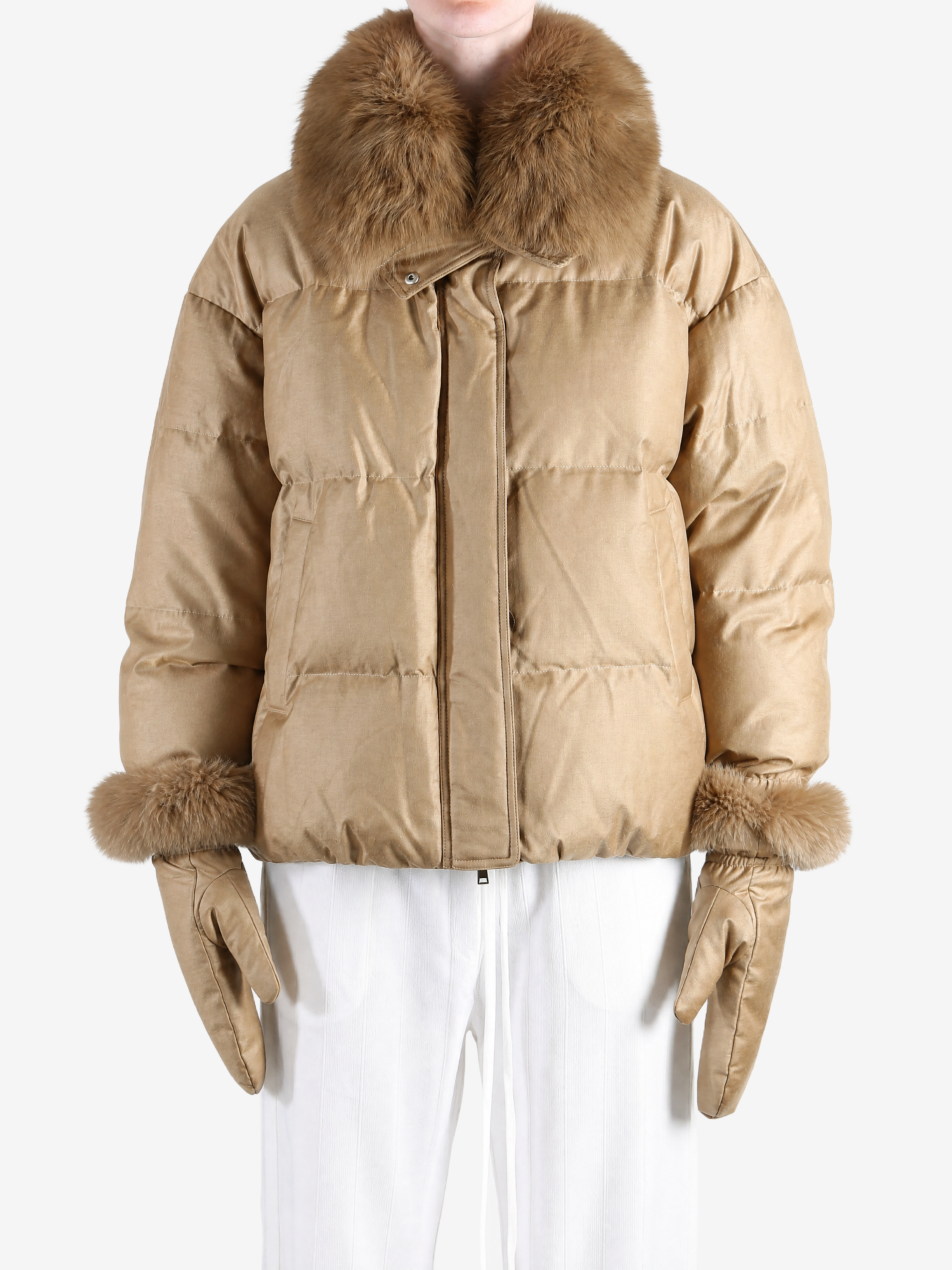 Tan jacket worn by a person, showing the jacket fit