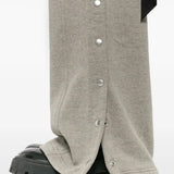 Close up of the grey pants, showing texture of the cotton fabric