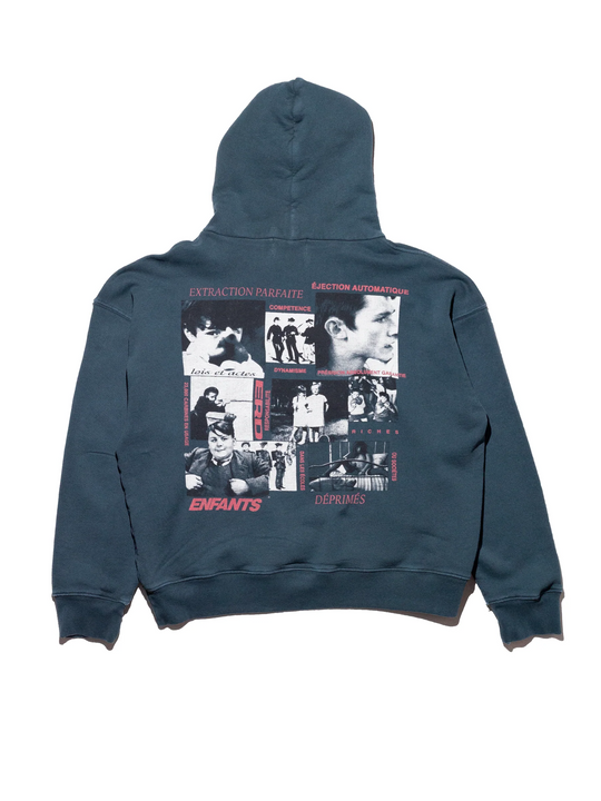 Green hoodie, back view showing printed pattern