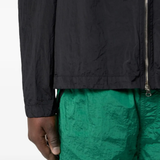 Close up of the black jacket, showing texture of the polyamide fabric