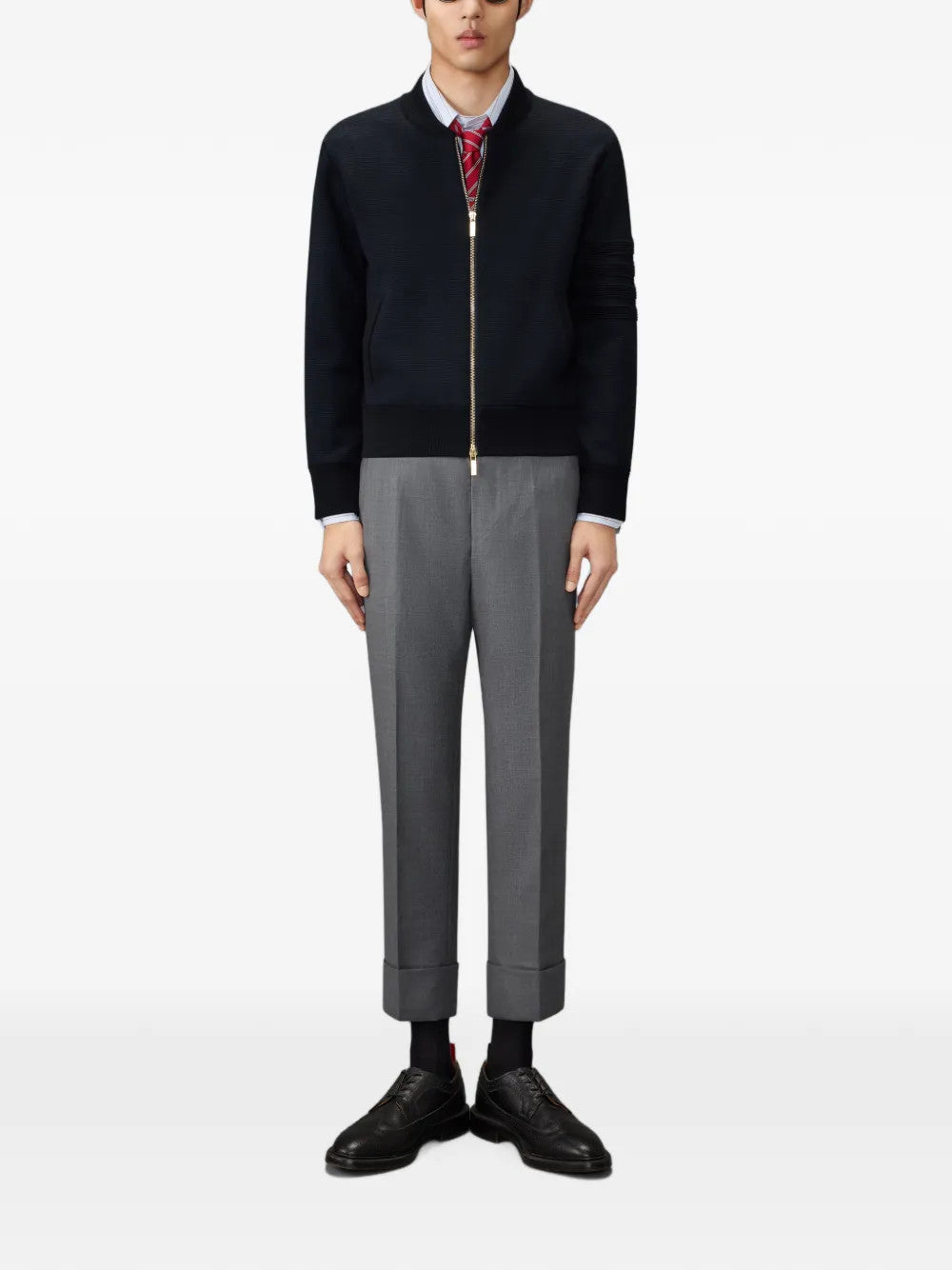 Navy jacket, full body view