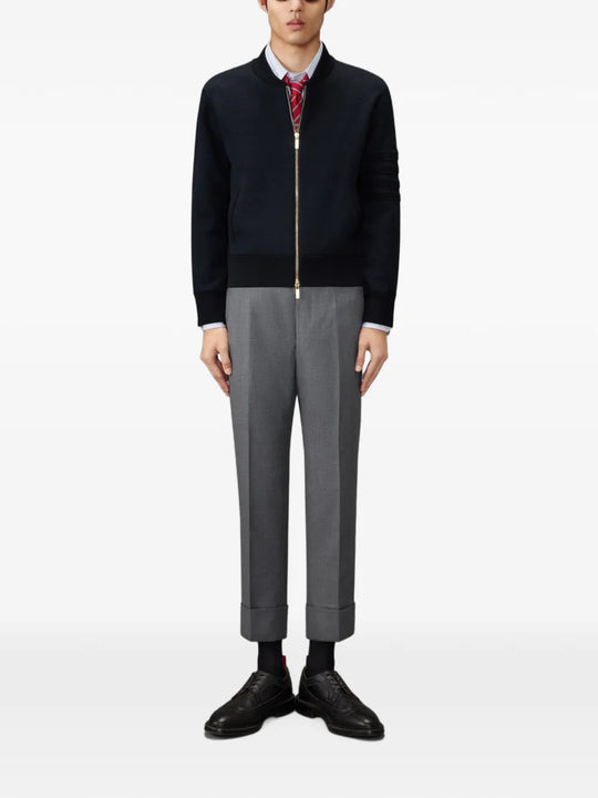 Navy jacket, full body view