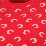 Close up of Red top, showing texture of the 53% cotton/ 30% polyamide/ 17% viscose fabric