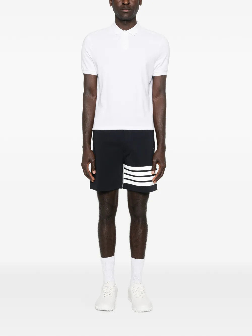 Navy shorts, full body view