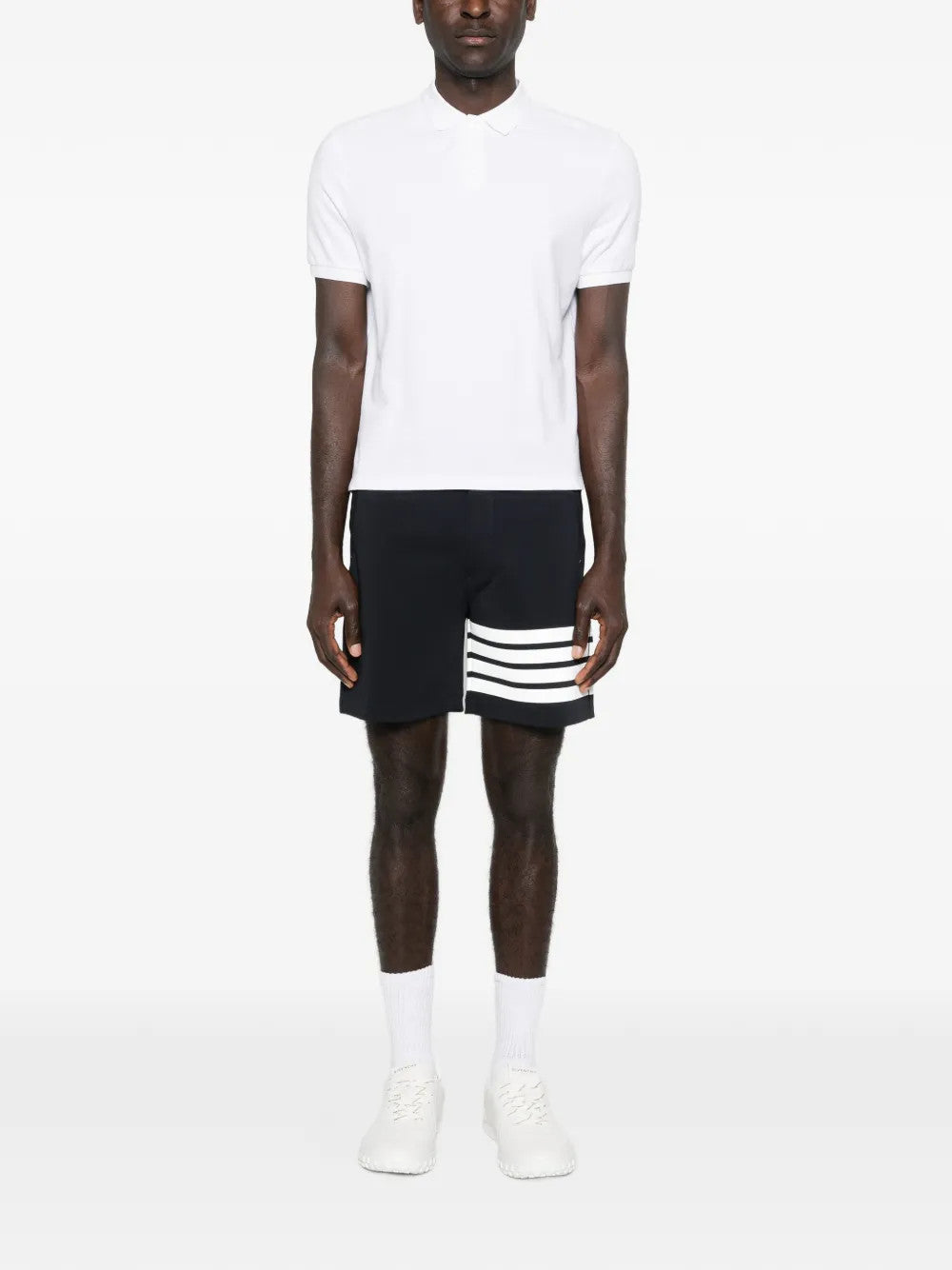 Navy shorts, full body view