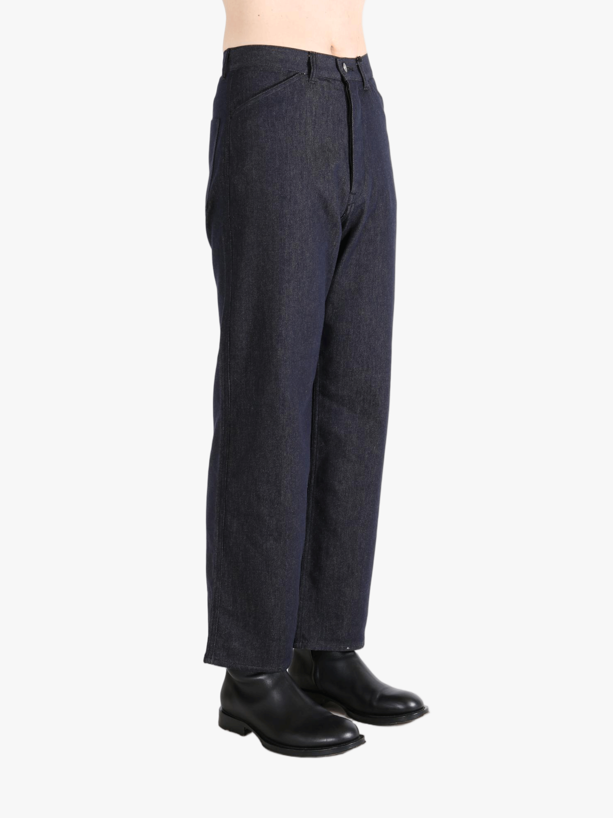 Blue pants worn by a person, showing the pants fit