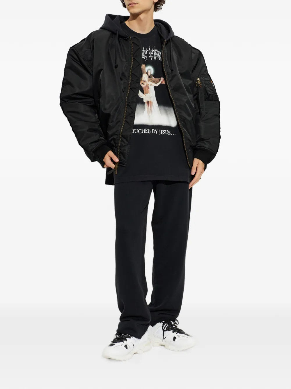 Black t-shirt, full body view