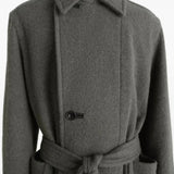 Close up of the grey coat, showing texture of the wool and alpaca fabric