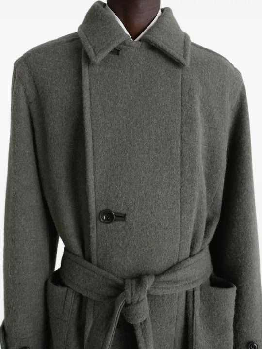 Close up of the grey coat, showing texture of the wool and alpaca fabric