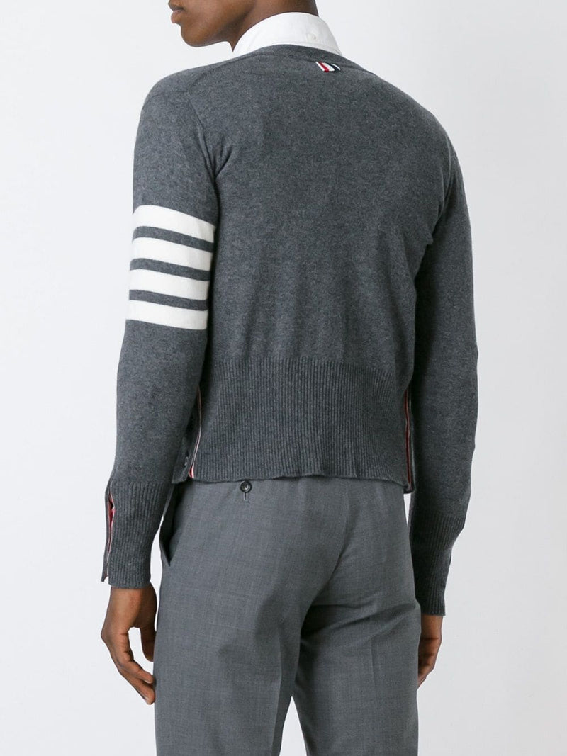 THOM BROWNE Men Classic V Neck Cardigan With White 4 Bar Stripe In Cashmere