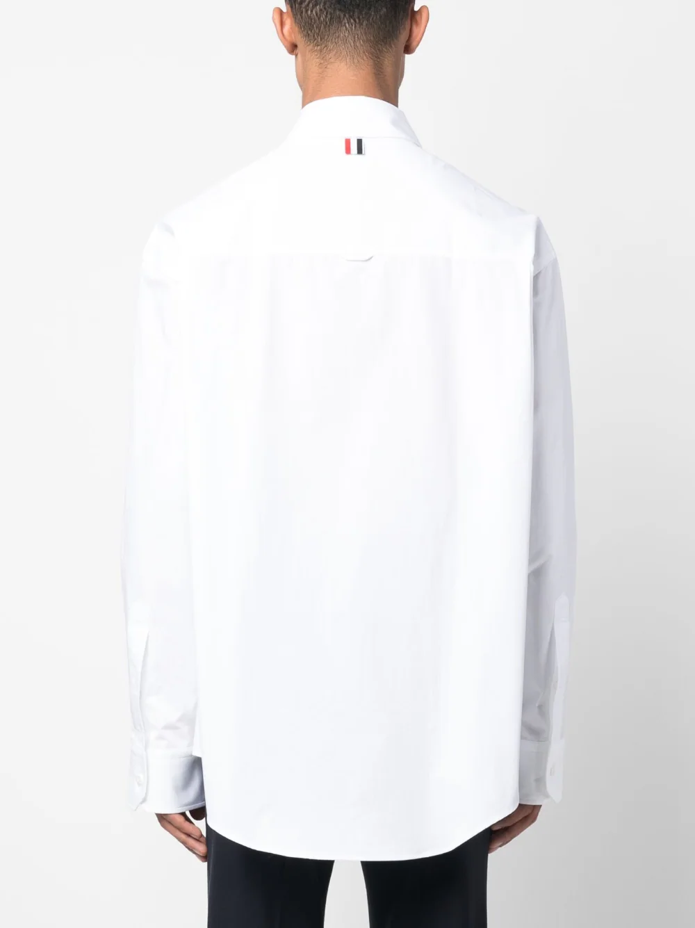 THOM BROWNE MEN OVERSIZED LONG SLEEVE SHIRT W/ ALL OVER EMBROIDERY IN RADIAL STITCH AND CHENILLE FLOWER