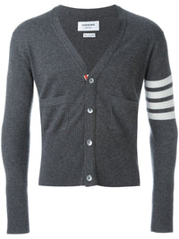 THOM BROWNE Men Classic V Neck Cardigan With White 4 Bar Stripe In Cashmere