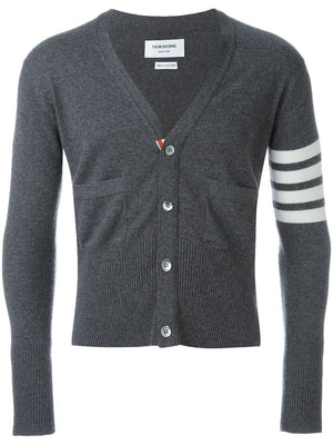 THOM BROWNE Men Classic V Neck Cardigan With White 4 Bar Stripe In Cashmere